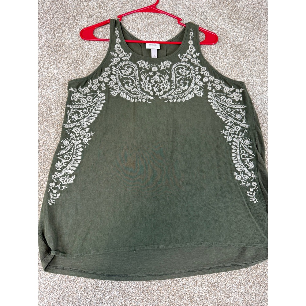 Knox Rose‎ Womens Olive Green Embroidered Boho Tank Top 1 Relaxed Fit